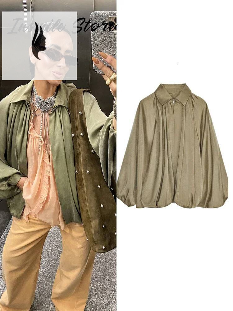 winter jacket women Puffed Bomber Women's Jackets Casual Pleated Turn-down Collar Lantern Sleeve Woman Spring Jacket 2025 Green Femme Outerwears