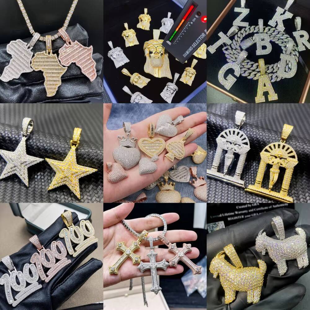 Hip Hop Map Moissanite Pendant Custom Iced Out 925 Sterling Silver VVS Moissanite Pendant Charms Necklace