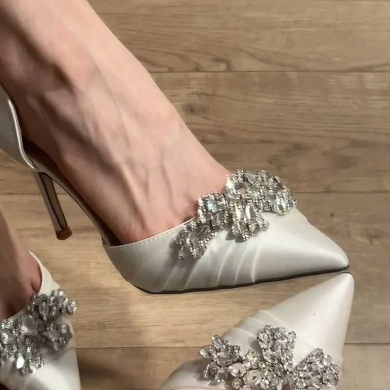 New Pointed Head Shallow Mouth Versatile White High Heels Niche Wedding Shoes Womens Rhine Satin Hollow Stiletto ShoesXJ251027