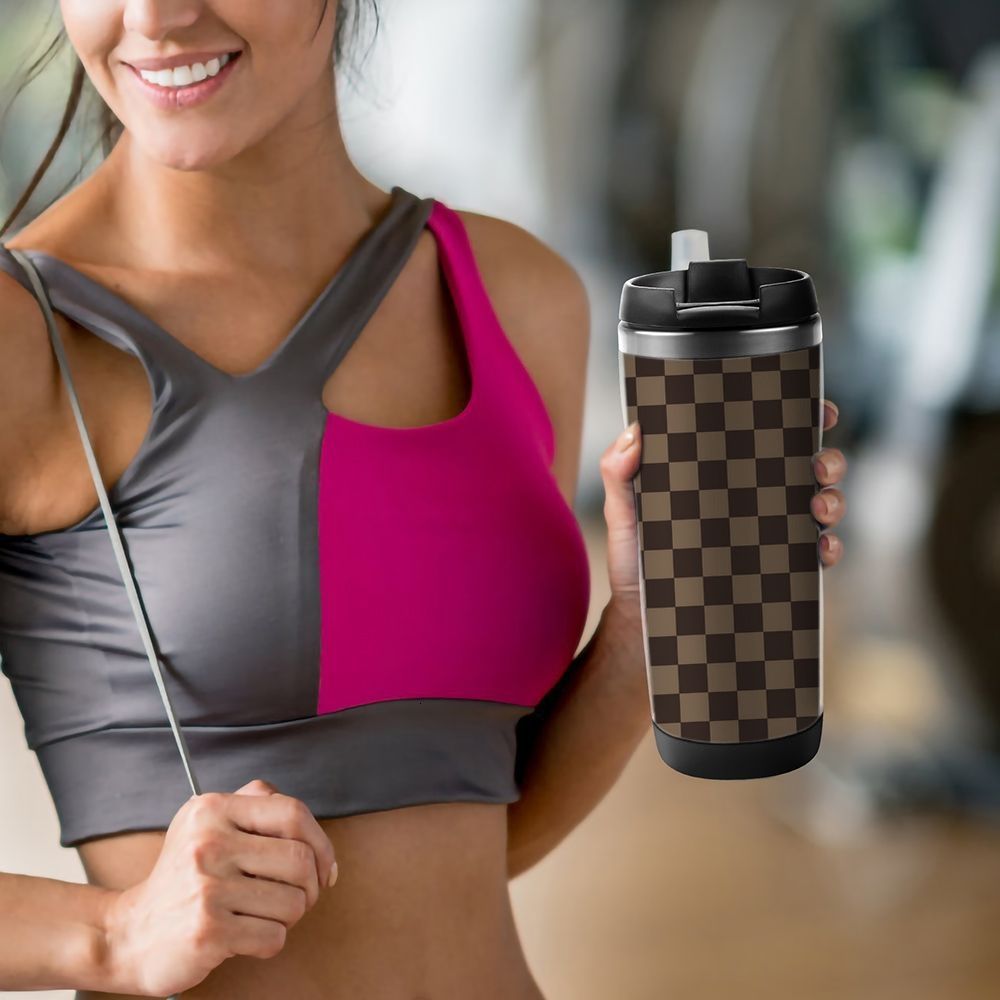 Luxury Stainless steel water cup designer travel mug with luxcury brown checkered pattern on the front