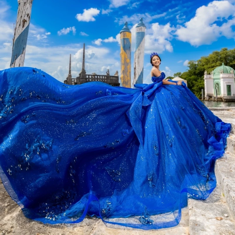 Royal Blue Quinceanera Dresses Off The Shoulder Applique Flower Beading Crystal Bow Corset Tull Party Birthday Sweet 16 Dress