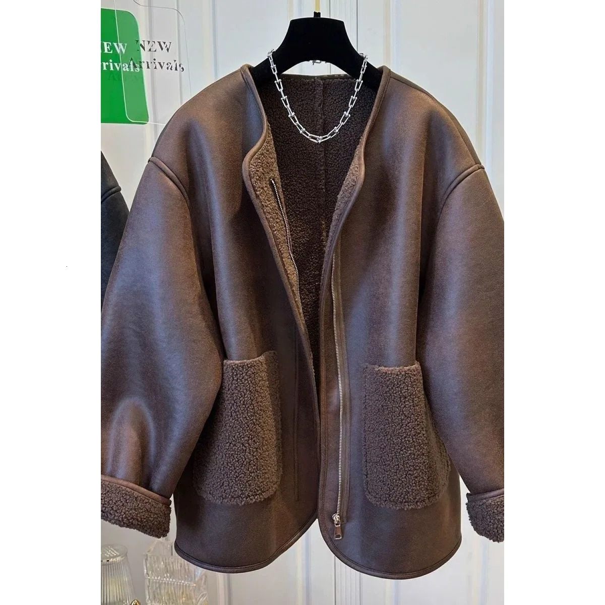 Plus Size Stunning Zipper Leather And Fur Spliced round Neck Jacket Womens Summer Warm Casual OnePiece Outerwear Short 251027