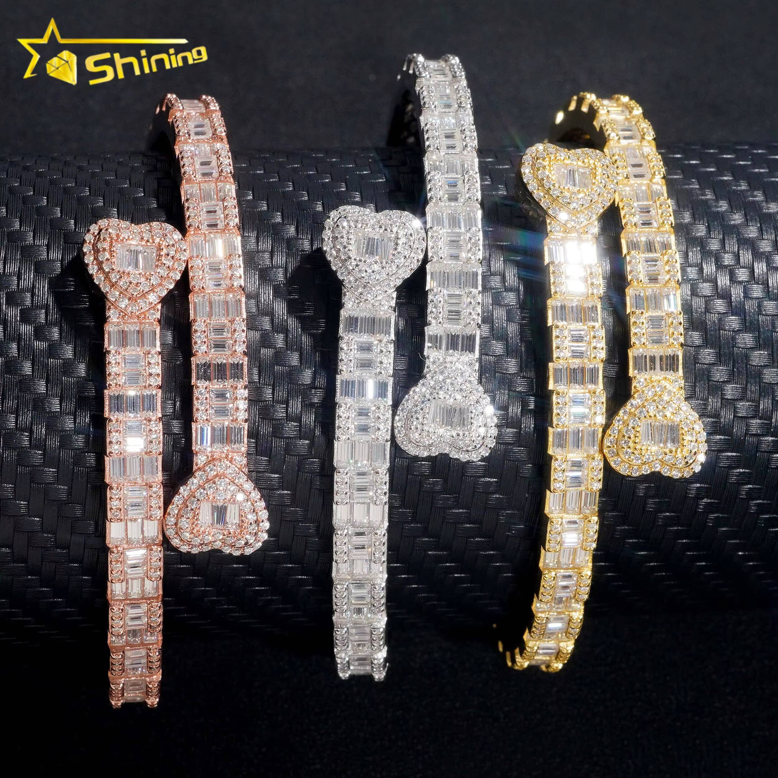 Heart Style Bangle Iced Out Bracelet Moissanite S925 Silver Baguette Moissanite Diamond Bracelet