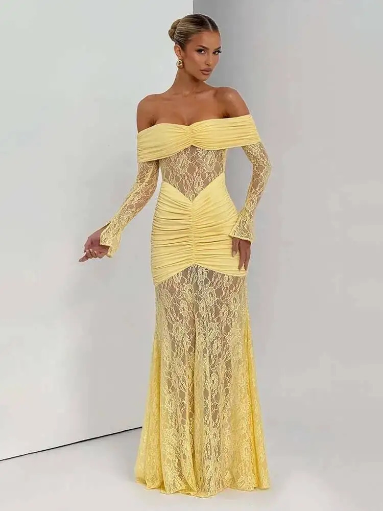 Townlike Pleated Slim Bodycon Maxi Long Dress Women Off Shoulder 2025 Autumn Winter Dress Lace Patchwork Sexy Party Dresses 251027