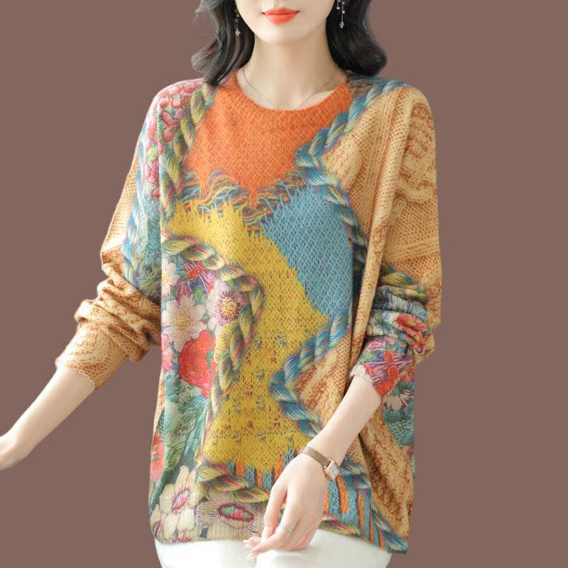 plus size women's new long sleeve high waist printed banquet dress mid-length skirt D02761