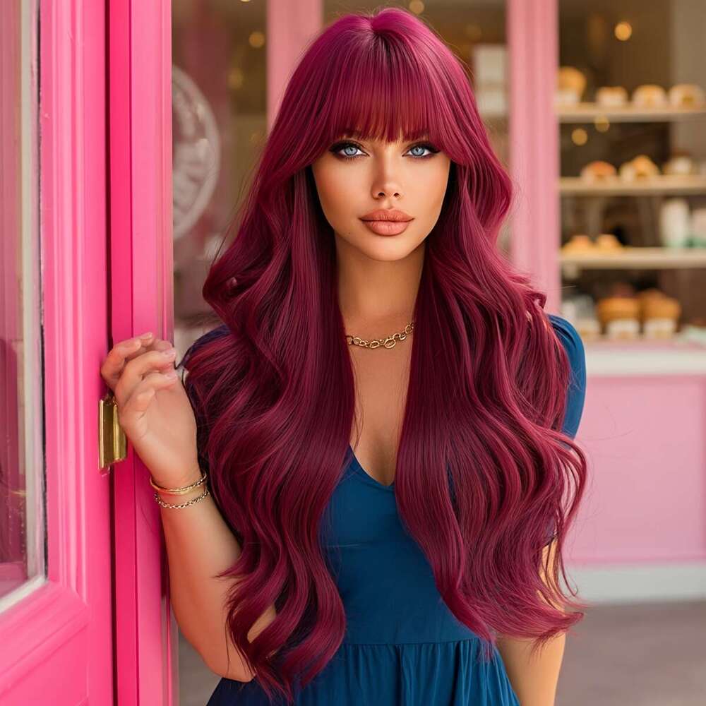 NAMM Women's Long Body Wave Purple Red Cosplay Wig With Neat Bangs Heat-Resistant Synthetic Fiber, High Density 150%, Glueless Rose Net Cap For H