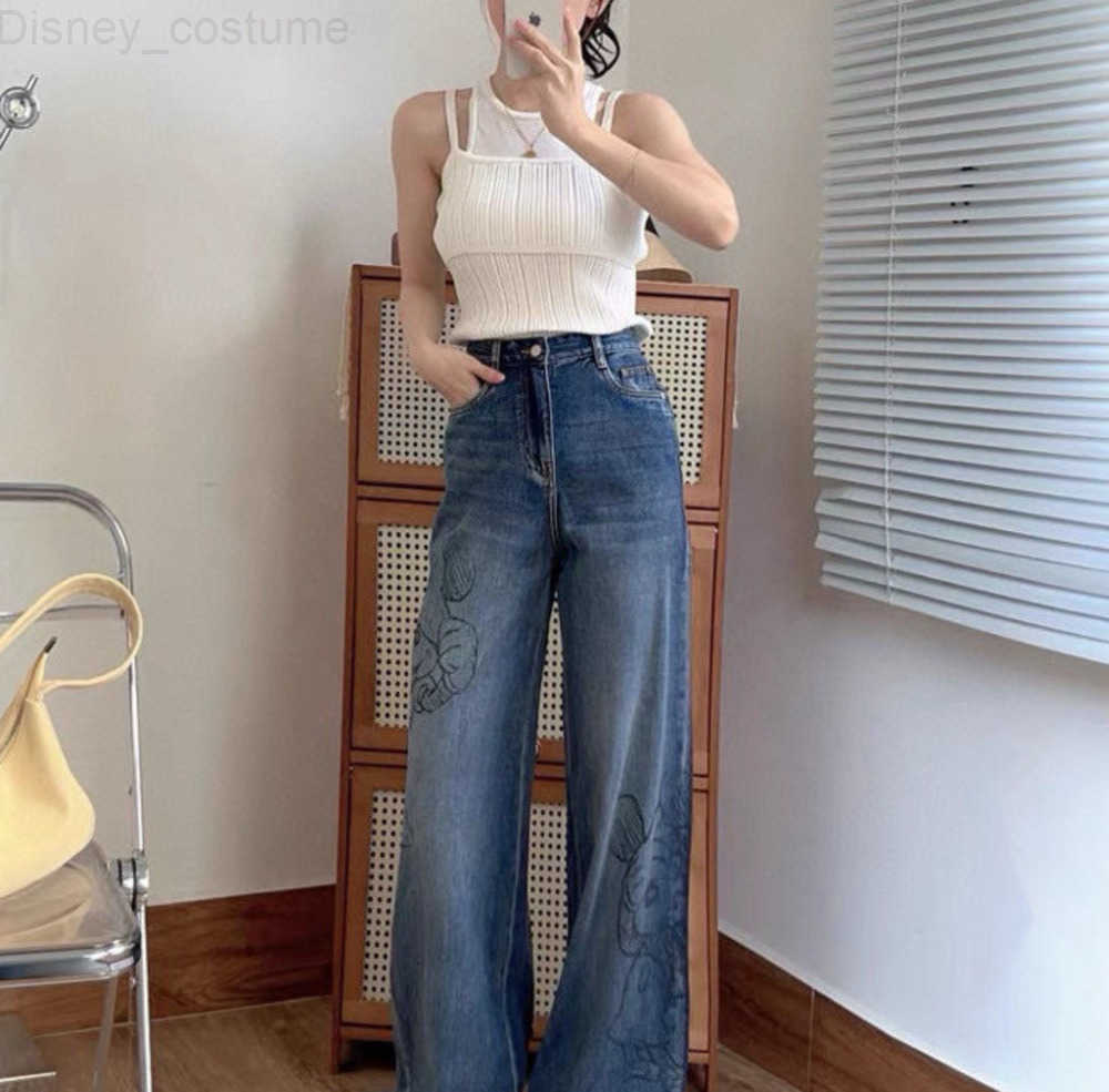 Disney Mickey Graffiti Print Loose Wide Leg Jeans Elastic High Waisted Straight Leg Pants Korean Version Fashion Versatile Pants H251027