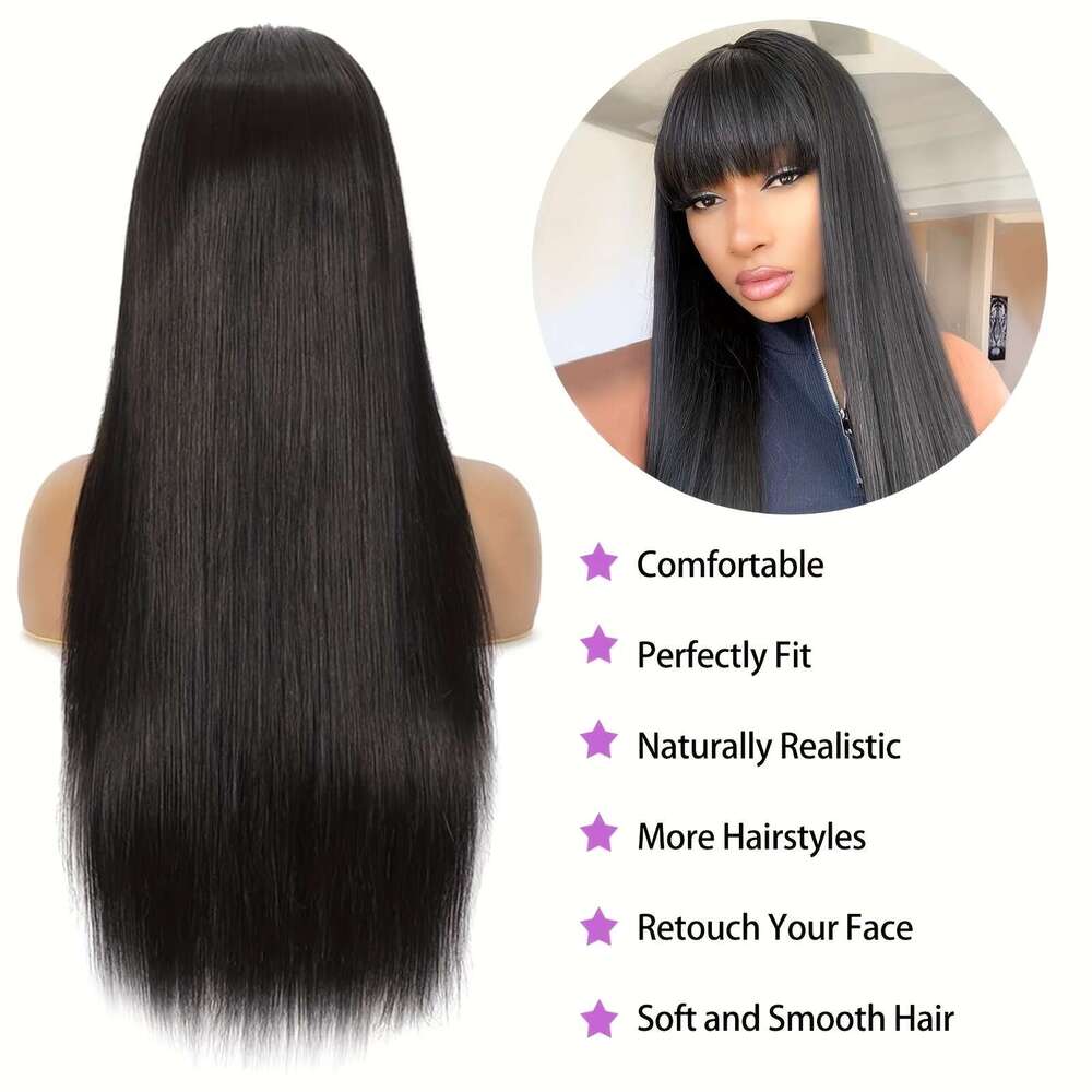 Elegant 26-Inch Long Straight Synthetic With Bangs - Heat Resistant Fiber, Versatile Black Hair For Daily Use & Cosplay Parties, Women's Closed N