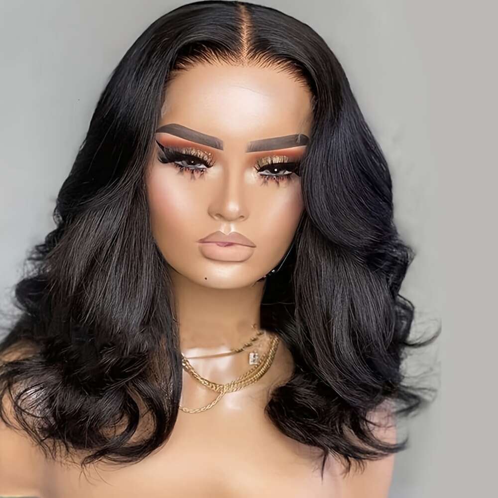 Short Wavy Bob Wigs Black Color Hair 13X4 Free Part 16 Inch Body Wave Synthetic Lace Front Wig Shoulder Length Glueless Pre Plucked For Women Daily Wo
