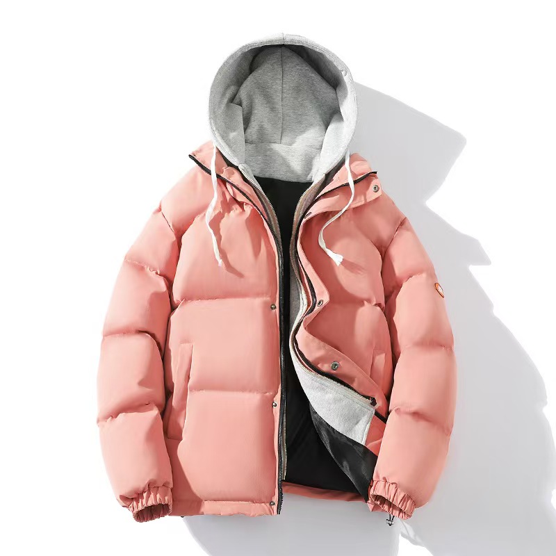 In autumn and winter, hooded cotton-padded clothes couple Hong Kong wind fashion trend fake two thick cotton-padded jacket warm coat students.