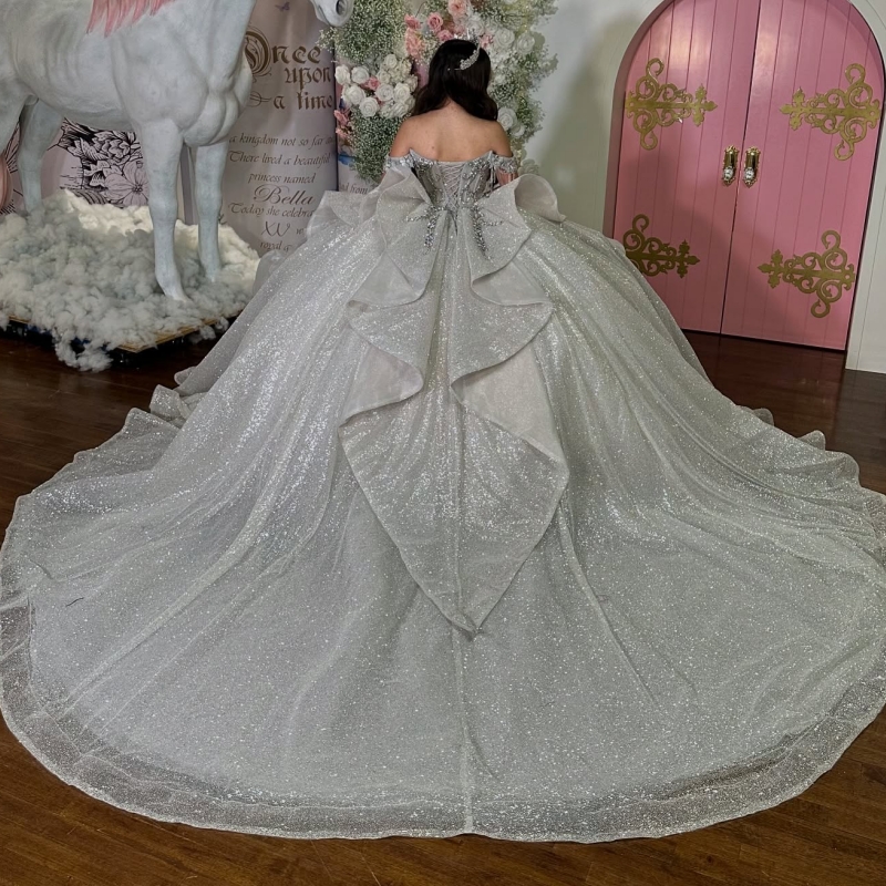Light Silver Shiny Quinceanera Dresses Off The Shoulder Sequin Applique Beading Crystal Tull Party Birthday Sweet 16 Dress Vestidos 15 De Anos