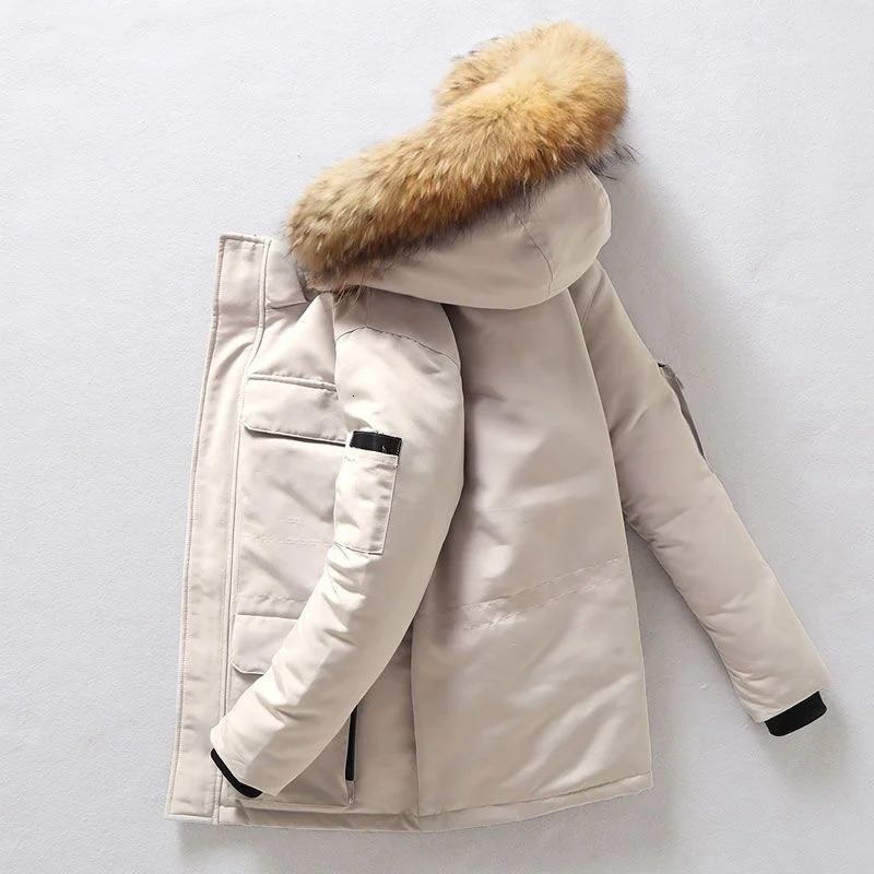 Down Jacket Mens Winter Minimalist Solid Color Fur Collar Hooded Warm Parka Casual Comfortable White Duck Down Coat Male 251023