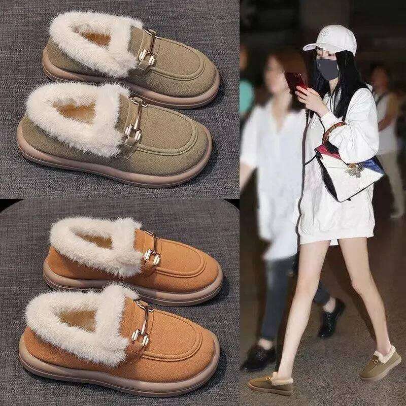 Casual Furry Snow Boots Women Winter Low Cut Short Thickened Warm Cotton Slip-On Flats Korean Style Flat Heel Shoes