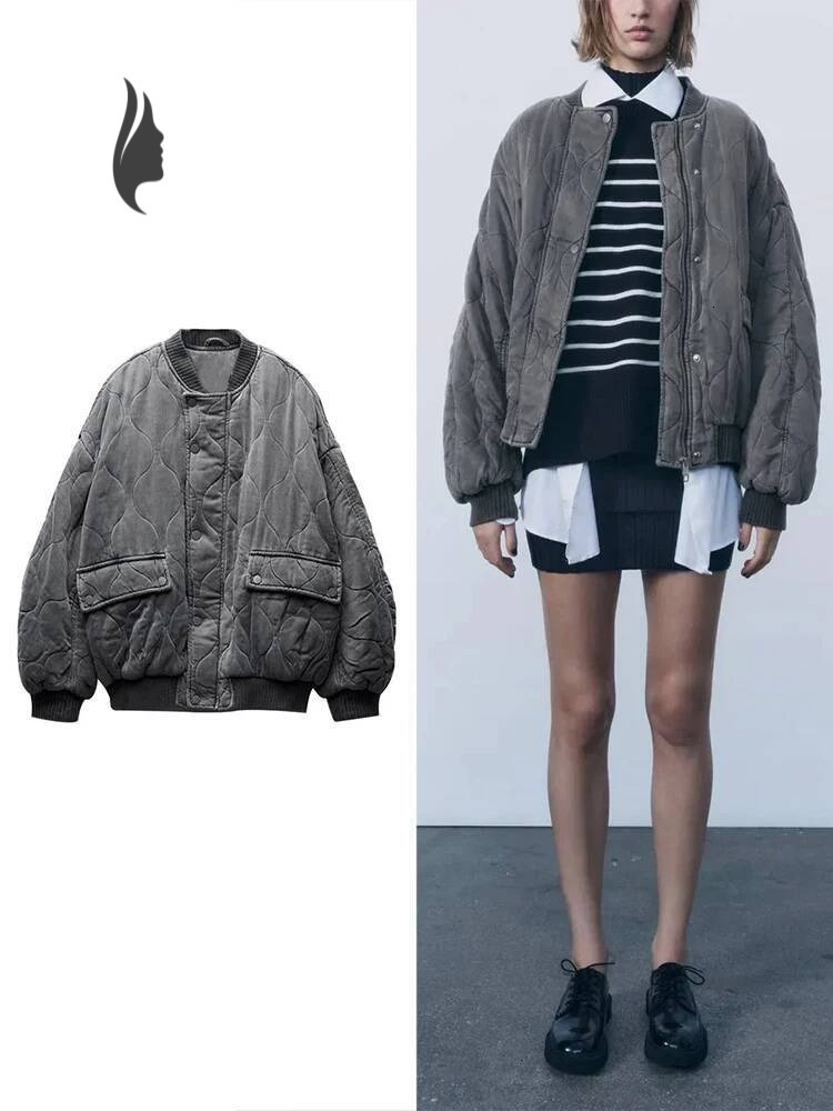 winter jacket women Women's Round Neck Aviator Coat Warm Loose Cotton Zip With Button Grey Fashion Vintage Jacket