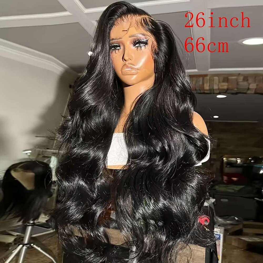 Black Wave Black Body Wave Synthetic Hair 13X4 Lace Frontal Wigs | Preplucked Heat Resistant Fiber Daily Party Glueless Front Wig For Women