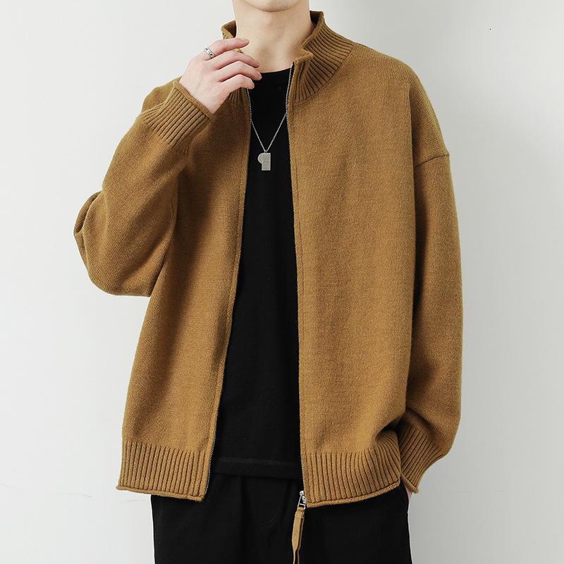 Autumn Winter New Stand Collar Cardigan Men Solid Color Thickened Designer Sweater Warm Long Sleeve Trendy Casual Lazy Style Knitted Men Sweater