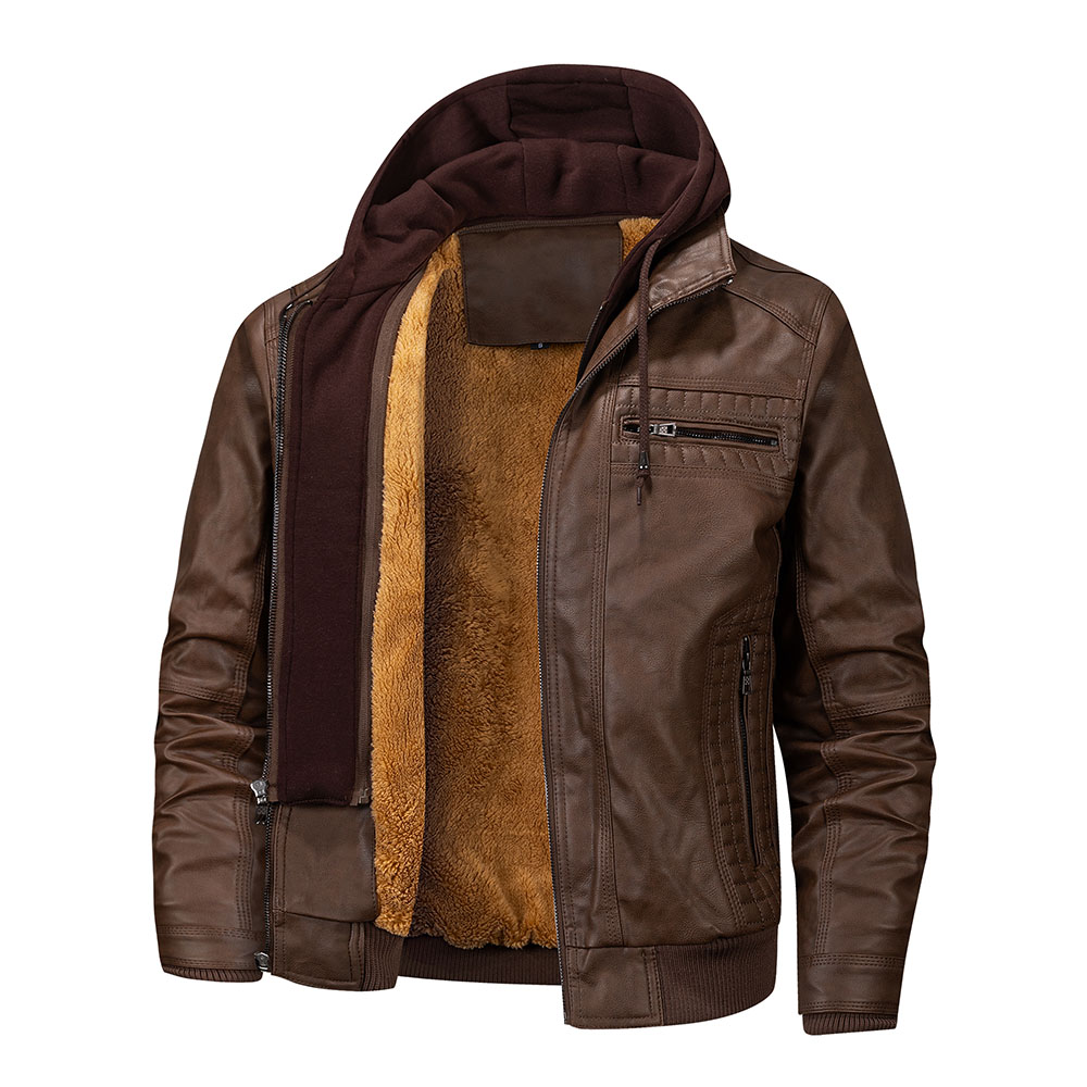 Men's Hooded Leather Jacket Autumn and Winter Motorcycle Jackets Windproof Coldproof and Warm Men Coat Jackets