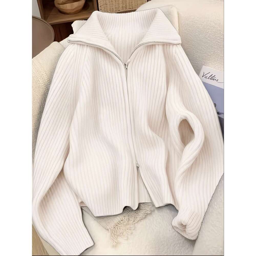 Women's Elegant Gray Cardigan - Soft Long Sleeve Open Front Sweater With Zipper Closure, Loose Fit Fall Winter Coat For Everyday & Formal Outfits