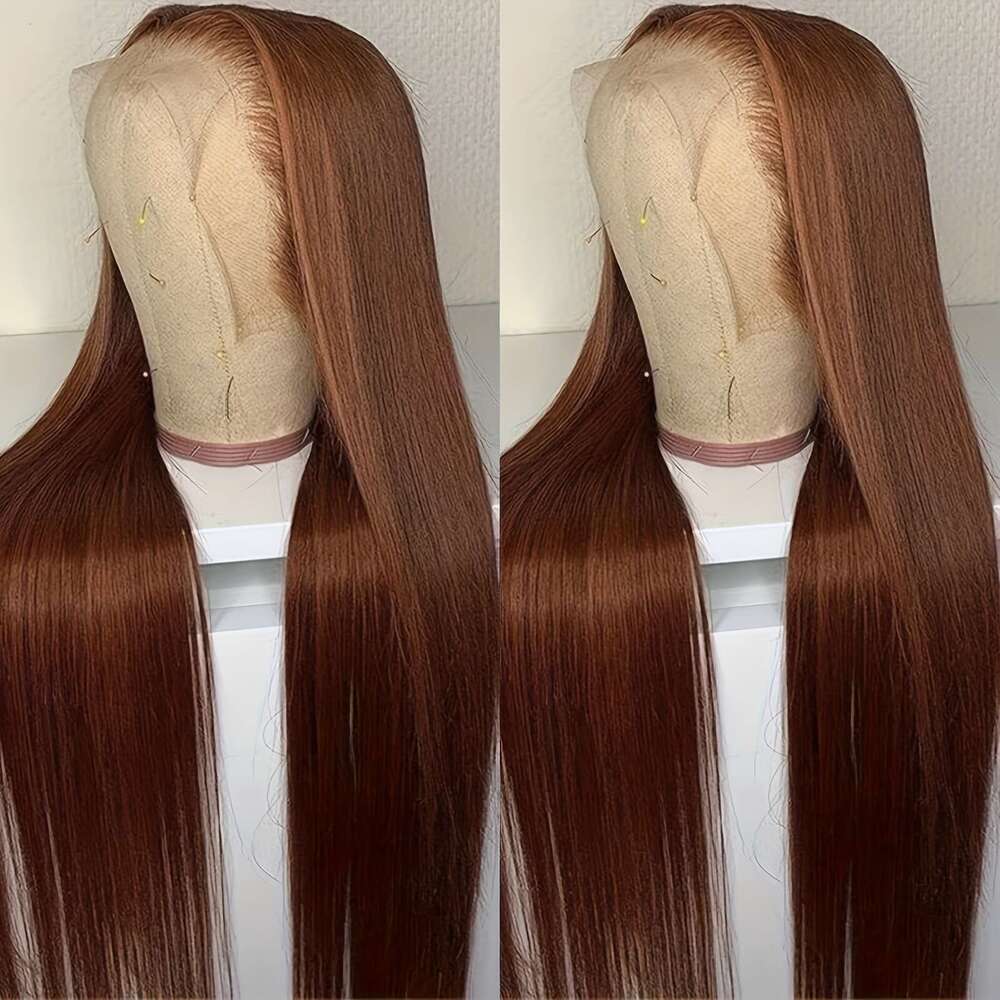 3X6 Glueless Lace Wigs Synthetic Heat Resistant Fiber Hair With Soft Hairline For Women Reddish Brown Color Long Silk Straight Wig