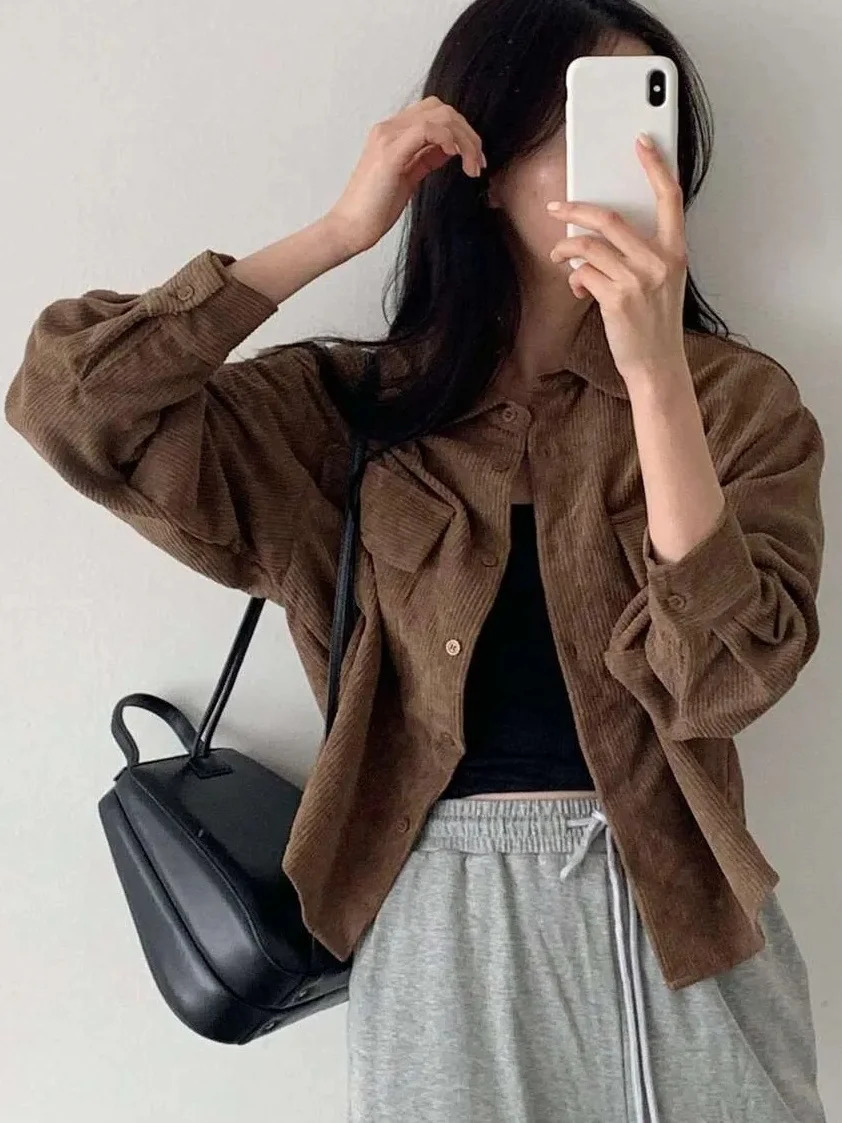 Fashionable plus Size Ladies Casual Jacket European Style Corduroy Solid Color Outdoor Versatile No Ironing EcoFriendly Materia 251027