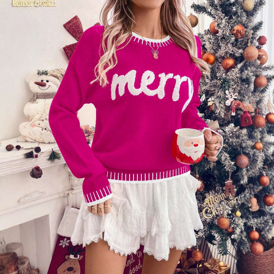 2025 New Winter Christmas Sweater For Women Print Knitted Long Sleeve Y2K Clothes Warm Jumpers Pullover Tops Knitwear