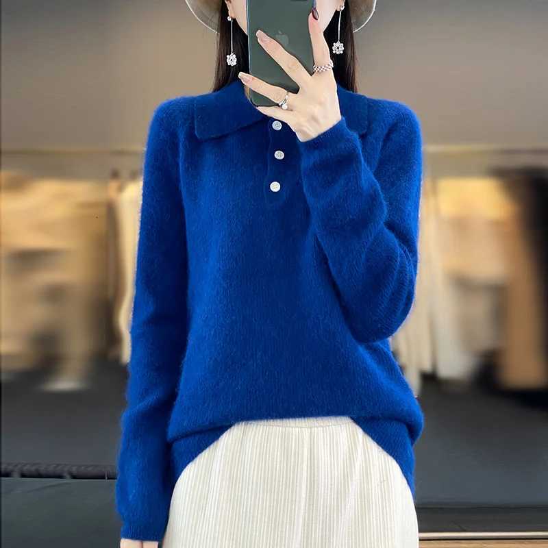 RONGYI Autumn And Winter New 100 Mink Cashmere Lapel Womens Solid Color Loose Pullover Knitted Padded Warm Long Sleeve TopT251027