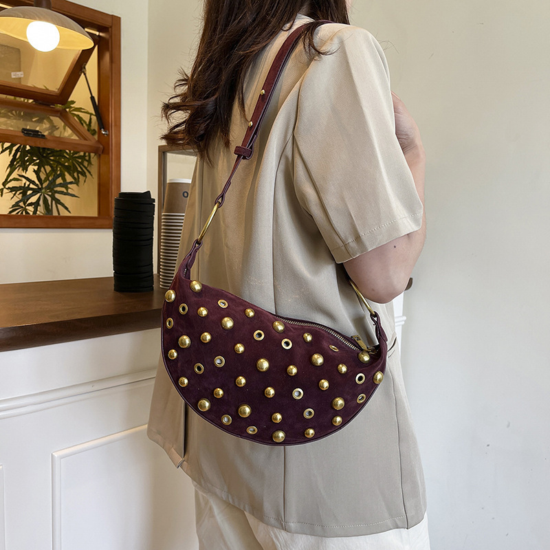 Free shipping designer bag Studded Bag Matte Faux Suede Commuter Versatile Shoulder Underarm Bag Niche Design Bag