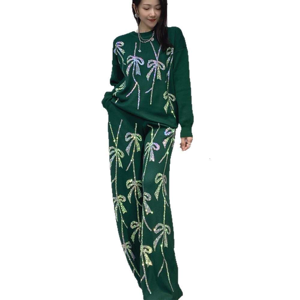 2025 Autumn New Fashion Rhinestone Knitted Two-Piece Set Loose Women's Top Casual Wide-Leg Pants Ladies Long Pants Suit