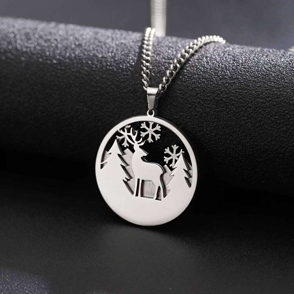 Lemegeton Snow Deer Necklace Stainless Steel Double Pendant Choker Neck Chain Forest Animal Jewelry Couple Christmas Day Gifts