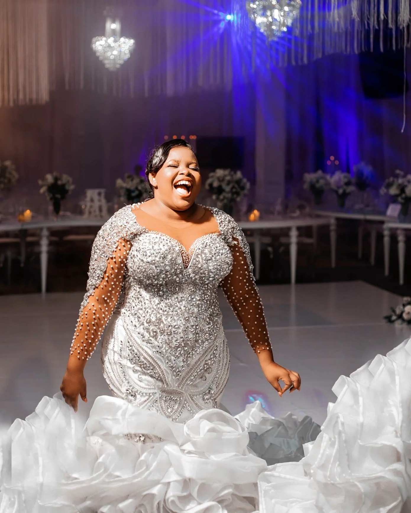 Arabic Aso Ebi Plus Size Mermaid Wedding Dress in Ivory with Luxurious Beaded Crystals and Full Sleeves