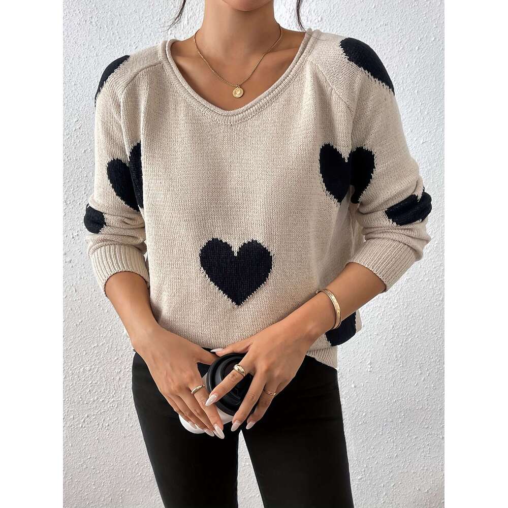 New Spring Autumn Stylish Casual Elegant V-Neck Pullover With Heart Jacquard Contrasting Colors, A Youthful And Chic Women's Knitted Long-Sleeve 