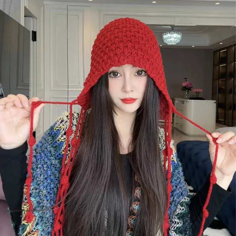 Autumn Winter Womens Hat Handknitted Woolen Tassel Cap Beanie Fashion Earprotecting Cap Outdoor Warmth Headscarf HatW251027