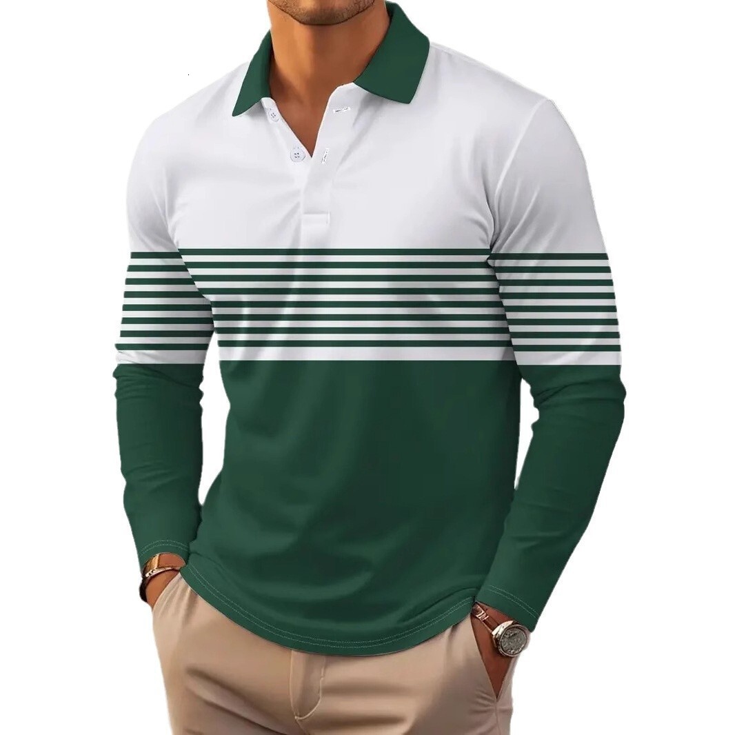 Breathable Thin Casual 25 Classic Men's 3D Digital Print Button Long Sleeve Polo Shirt Striped Basic Hong Kong Style Long Sleeve Top