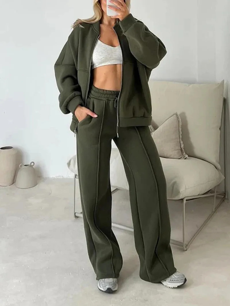 Tracksuit Women Two Pieces Pant Sets Sweatshirts Zipper Long Sleeve Straight Pants Drawstring Pocket Sports Autumn Winter 251027