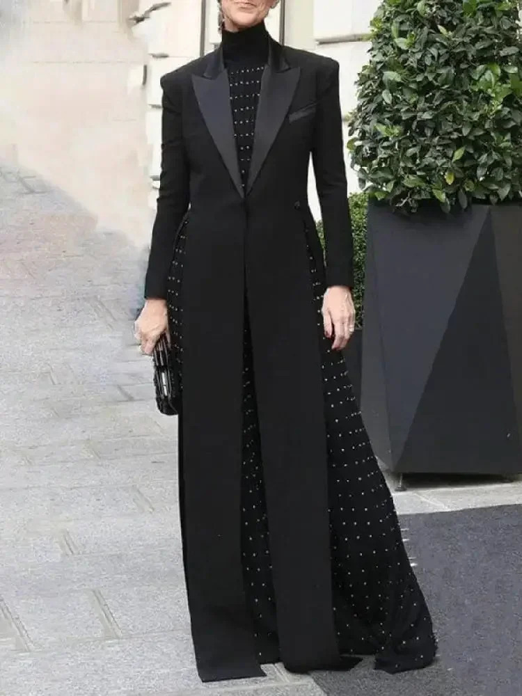 Missuoo Womens Black Extralong Blazer Coat Lapel Vneck Long Sleeves Splitside Elegant Outerwears Fall 251027