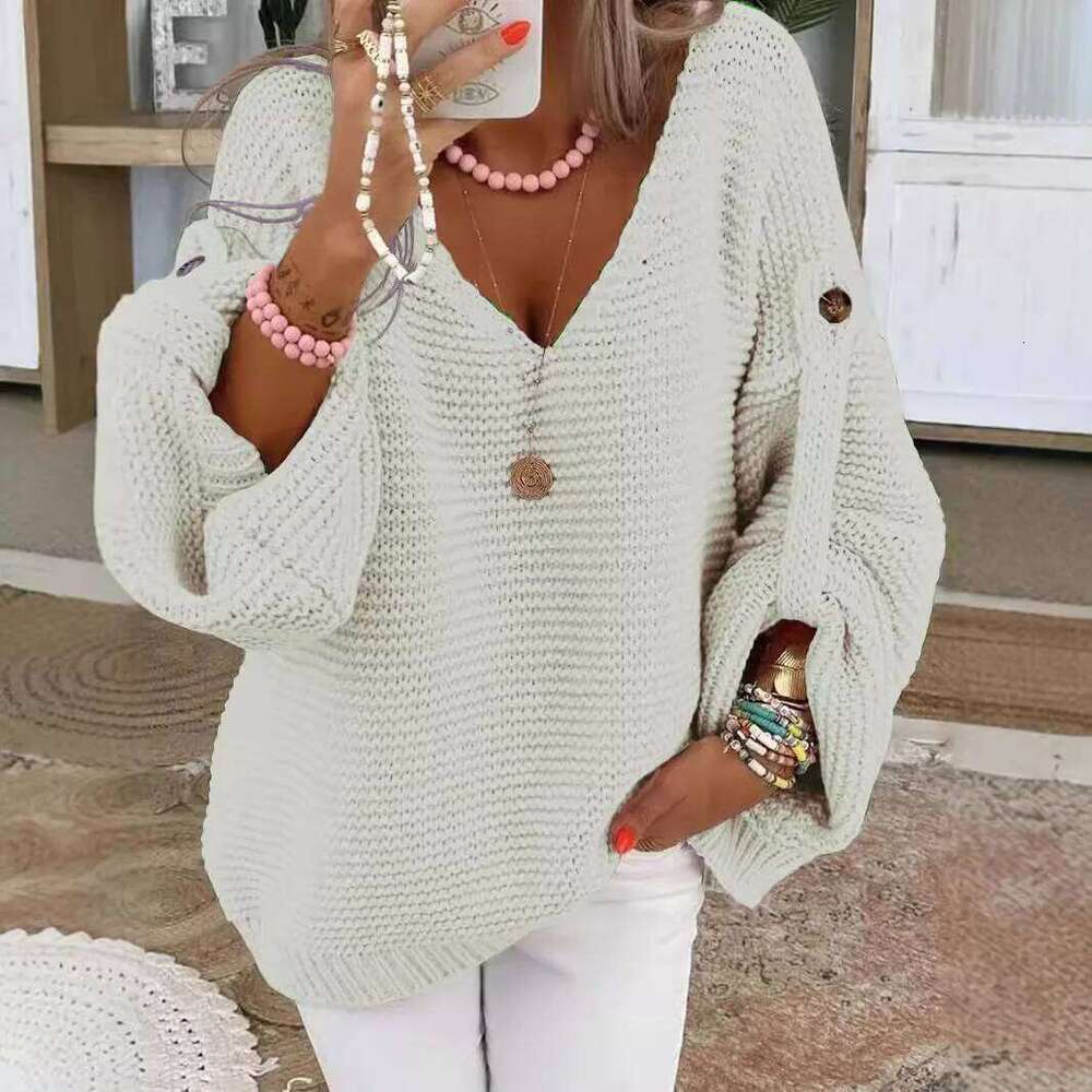 Casual Knitted V Neck Sweater Fall Winter Fashion Button Warm Commuter Jumper Elegant Solid Adjustable Long Sleeve Pullover Women Sweater Designer Swe