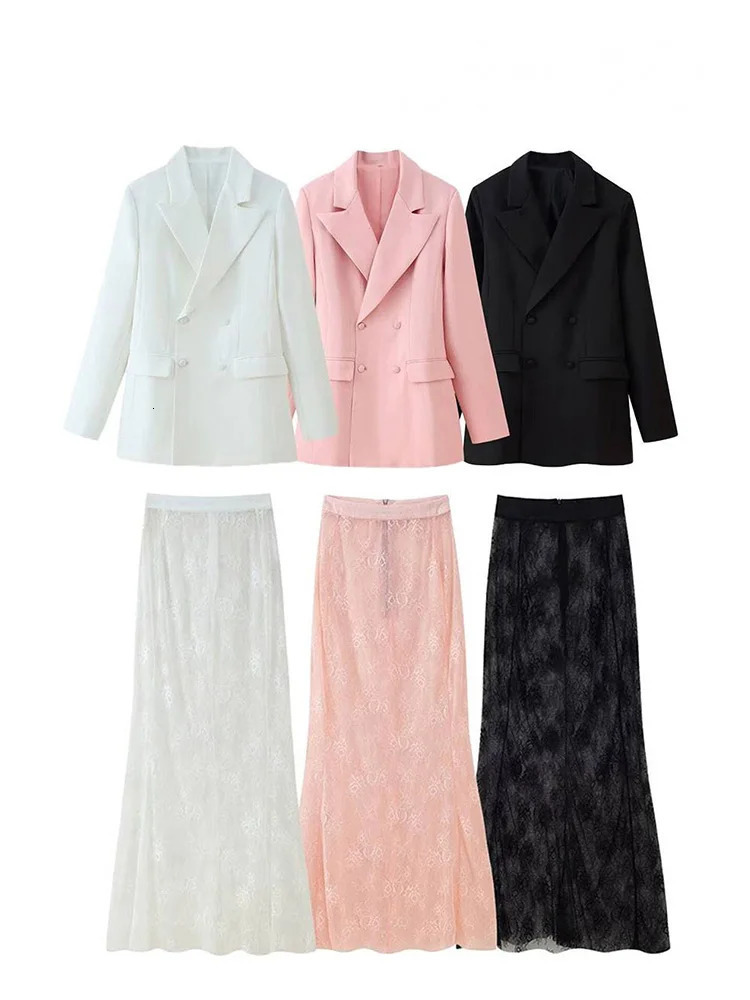 HH Women Fashion Lapel DoubleBreasted Waistclosing Blazer CoatTranslucent Rear Zipper Aline High Waist Skirt Set 251023