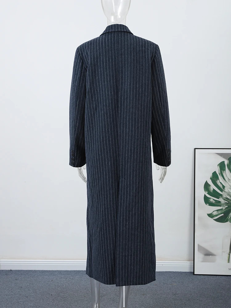 Elegant Striped Long Woolen Coat Women Shoulder Pads Lapel Double Breasted Full Sleeve Overcoat Autumn Winter Warm Outwear 251024