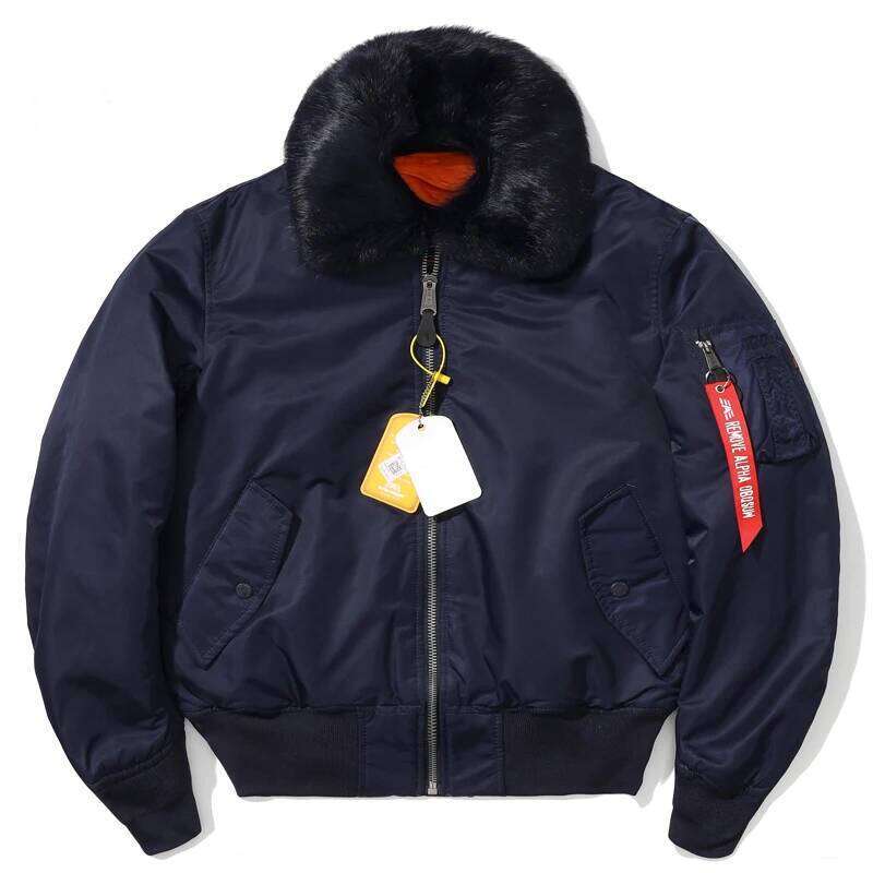Men's Winter MA1 Bomber Jacket Windproof Warm Detachable Rabbit Fur Collar Coat