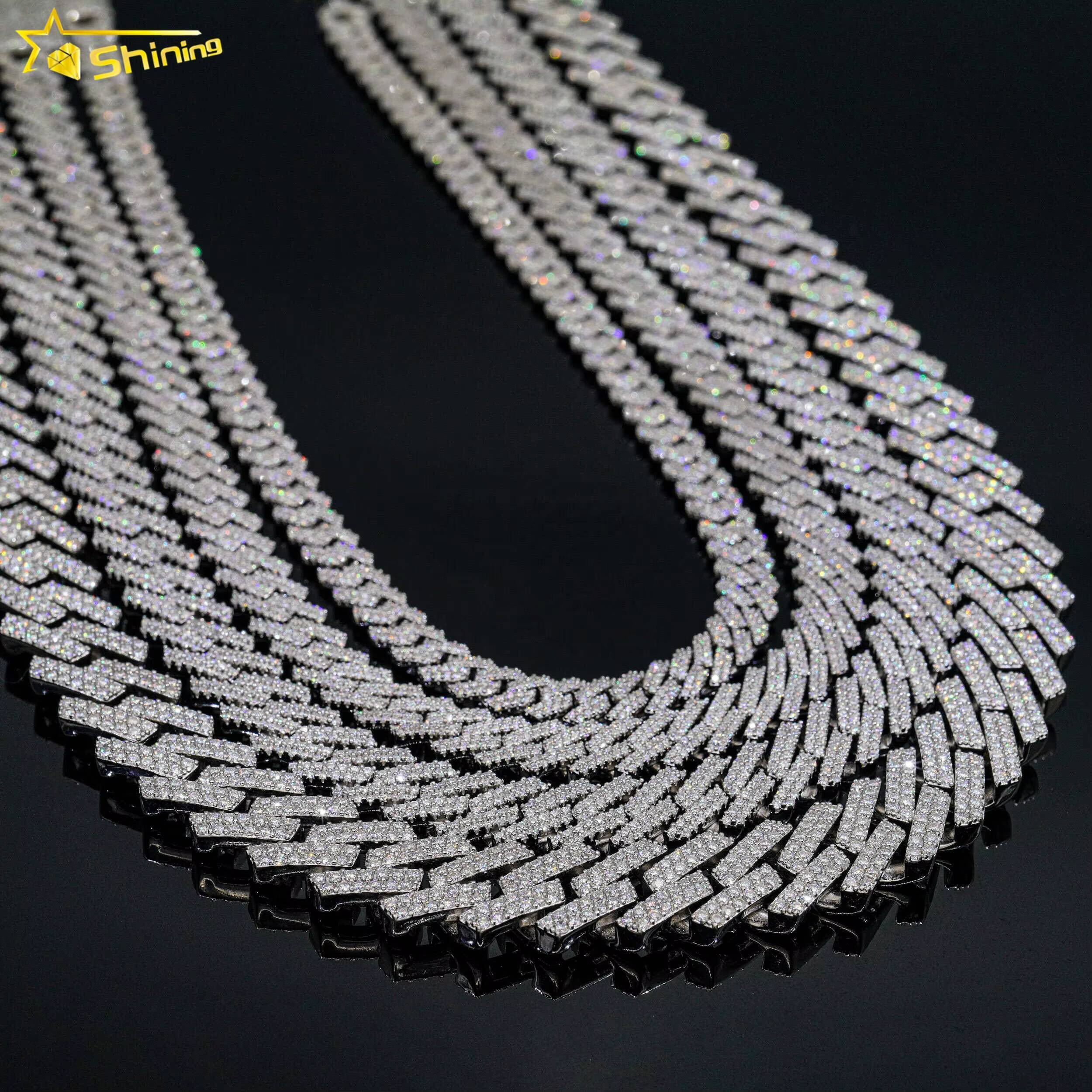 Iced Out Vvs Moissanite 2 Rows Miami Gold Cuban Chain Necklace 925 Sterling Silver Diamond Moissanite Cuban Link Chain