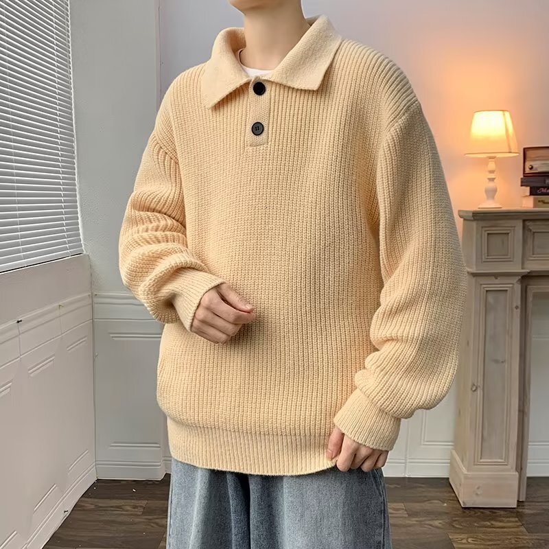 Lazy Style Polo Collar Sweater For Designer Sweater Men American Style Coffee Color High-end Oversize Knitted Innerwear