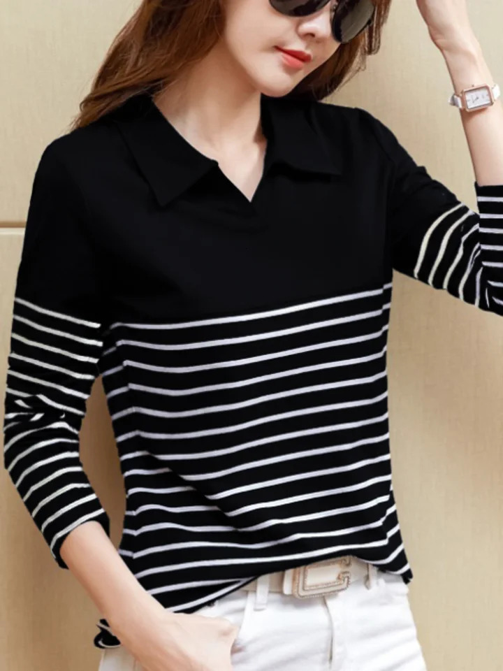 Womens striped color matching longsleeved POLO shirts fashion casual knitted tops can not be dry cleaned 251027