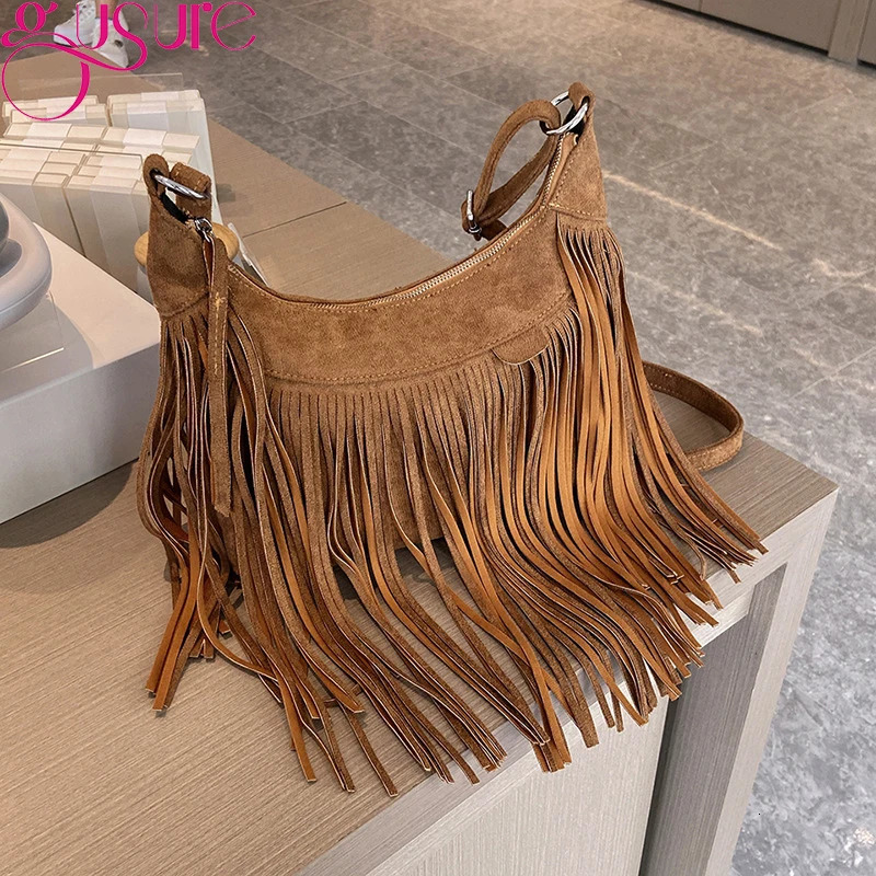 Gusure Vintage Tassel Crossbody Shoulder Bags Women Fashion Suede Small Handabg and Purse Female Armpit Hobos Bag 251027
