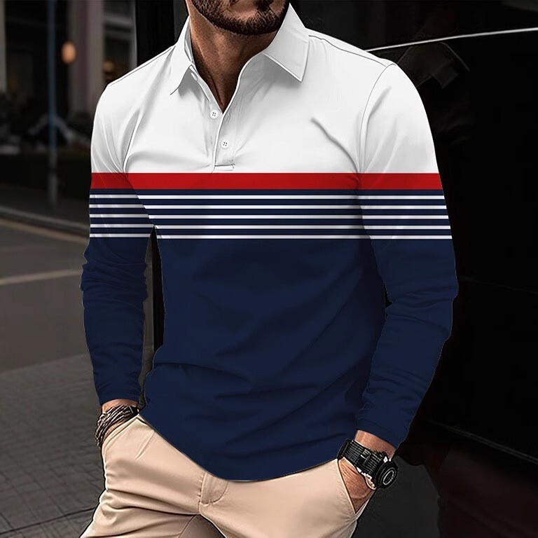 Breathable Thin Casual 25 Classic Men's 3D Digital Print Button Long Sleeve Polo Shirt Striped Basic Hong Kong Style Long Sleeve Top