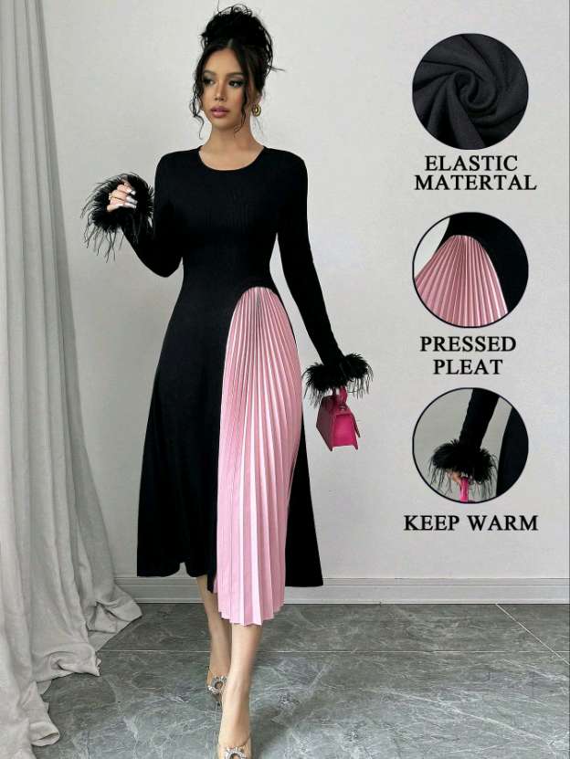 Fashionable New Style Color-block Knitted Dress with Pleated Party Dress Elegant and Figure-hugging Midlength Dress