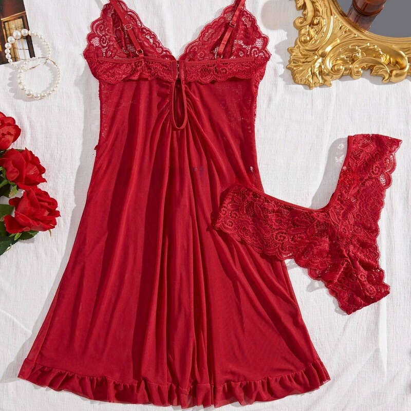 Lace Sexy Lingerie Underwear Sexy Red Ice Silk Lace Pamas Female Suspender Skirt Hot Transparent Suspenders Pure Desire Style Nightdress