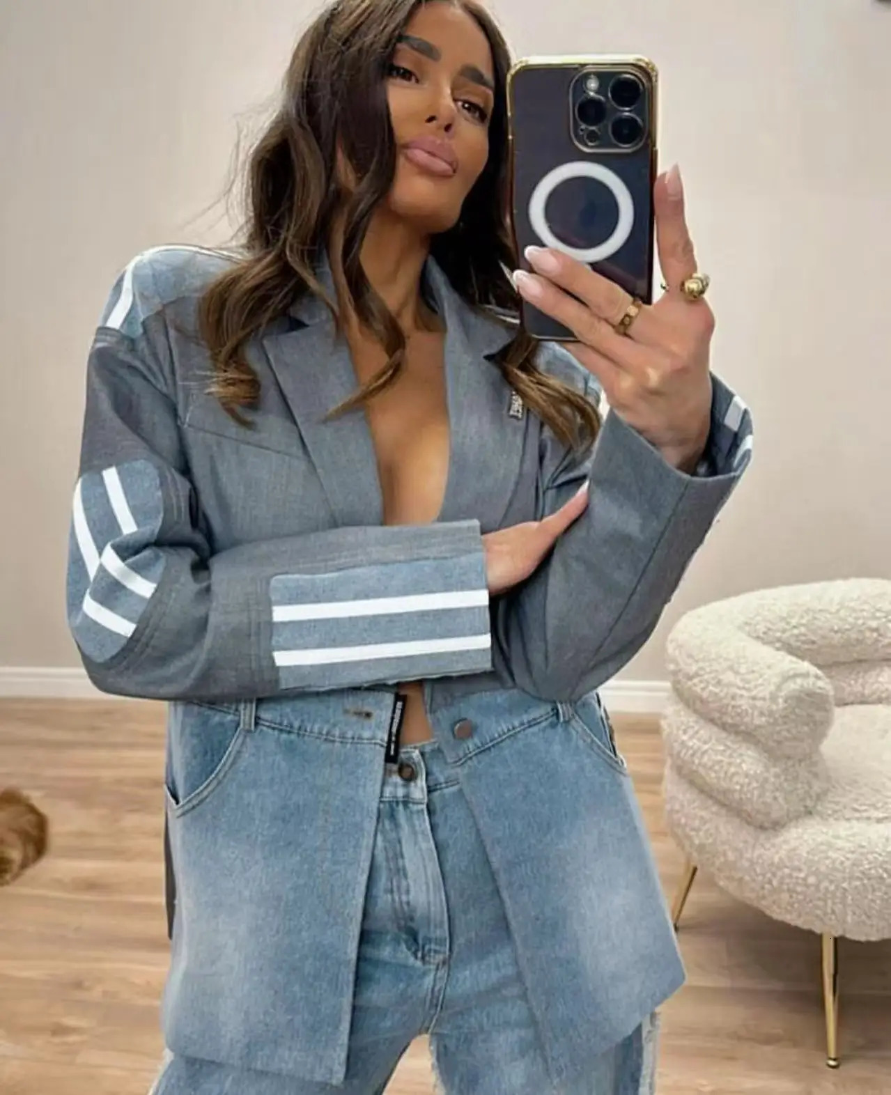 SuperAen Autumn Koreanstyle Fashion Womens Denim Patchwork Notched Singlebutton n Suits High Street Casual Blazers 251027