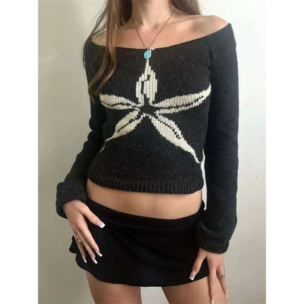 Women's Knit Tops Off Shoulder Slim Sweater Graphic Print Long Sleeve Knitwear Spring Fall Y2k Aesthetic Streetwear Women Sweater Designer Sweate
