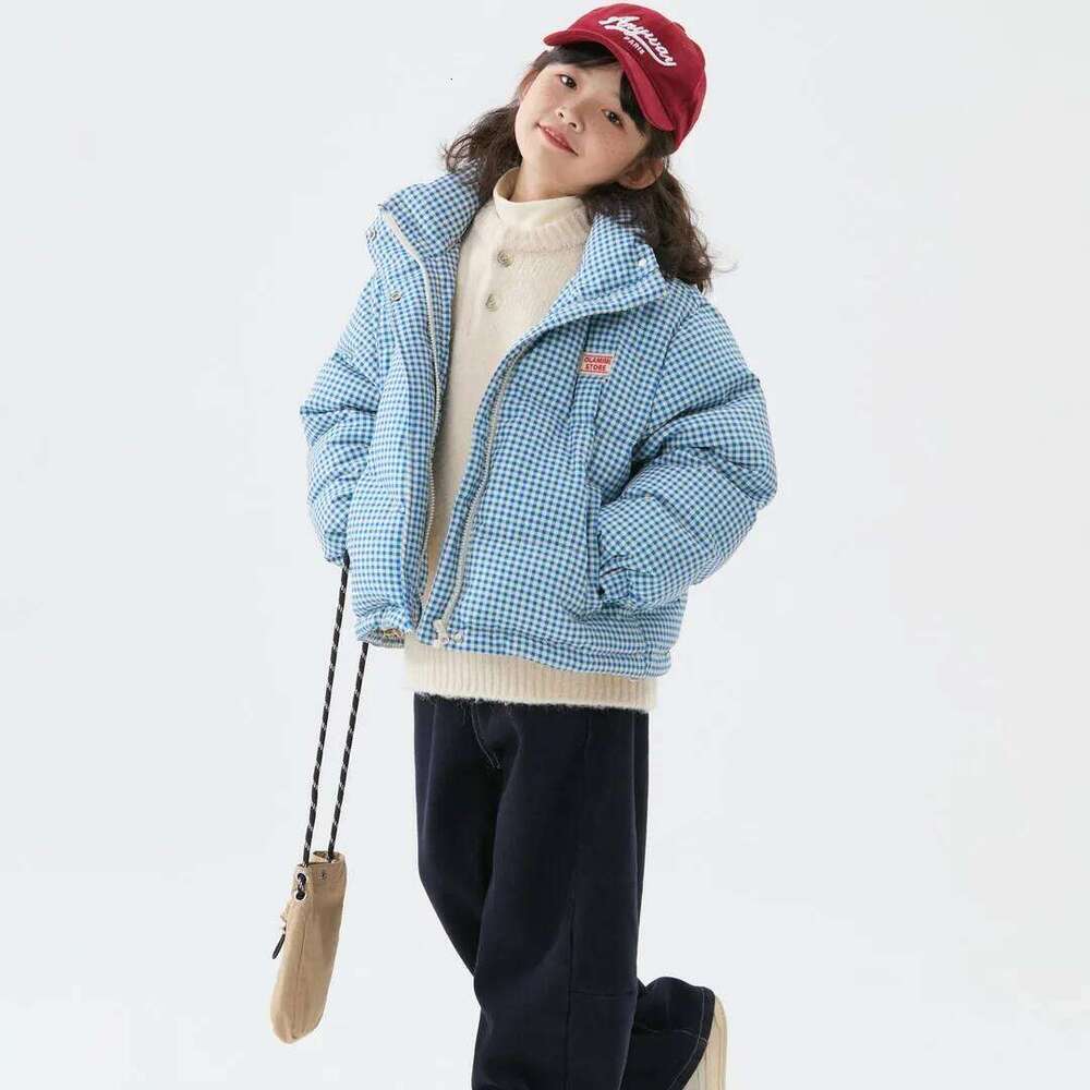 Winter Children Plaid Parkas Blue Stand Collar Thick Warm Teens Girls Outerwear Sticker Zipper Jacket For 4-14Y Girl