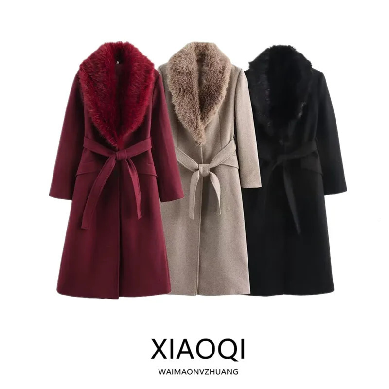 Winter Womens Faionable Woolen Coat Medium Length AllMatch Fur Collar Outerwear Long Sve Commute Sle 251024